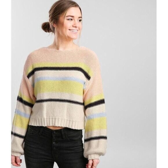 BILLABONG Seeing Stripes Sweater Crop Pink Lemongrass Sz M - Picture 1 of 15